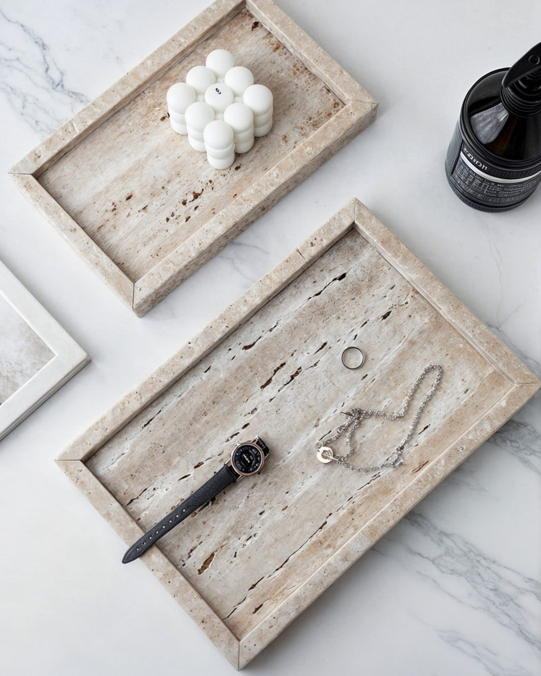 Plateau en céramique - Travertin beige - Pour parfums, bougies et bijoux