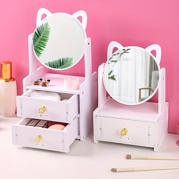 Miroa Miroir de maquillage avec tiroir & oreilles de chat | Pivotant à 360° | Sans électricité | Design moderne avec finition en huile | 26 × 16,7 × 12,7 cm