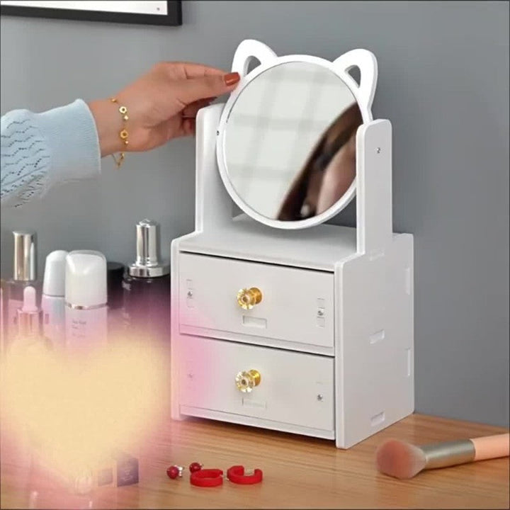 Miroa Miroir de maquillage avec tiroir & oreilles de chat | Pivotant à 360° | Sans électricité | Design moderne avec finition en huile | 26 × 16,7 × 12,7 cm