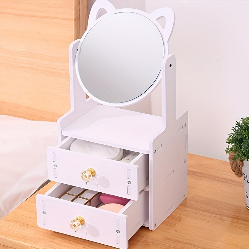 Miroa Miroir de maquillage avec tiroir & oreilles de chat | Pivotant à 360° | Sans électricité | Design moderne avec finition en huile | 26 × 16,7 × 12,7 cm