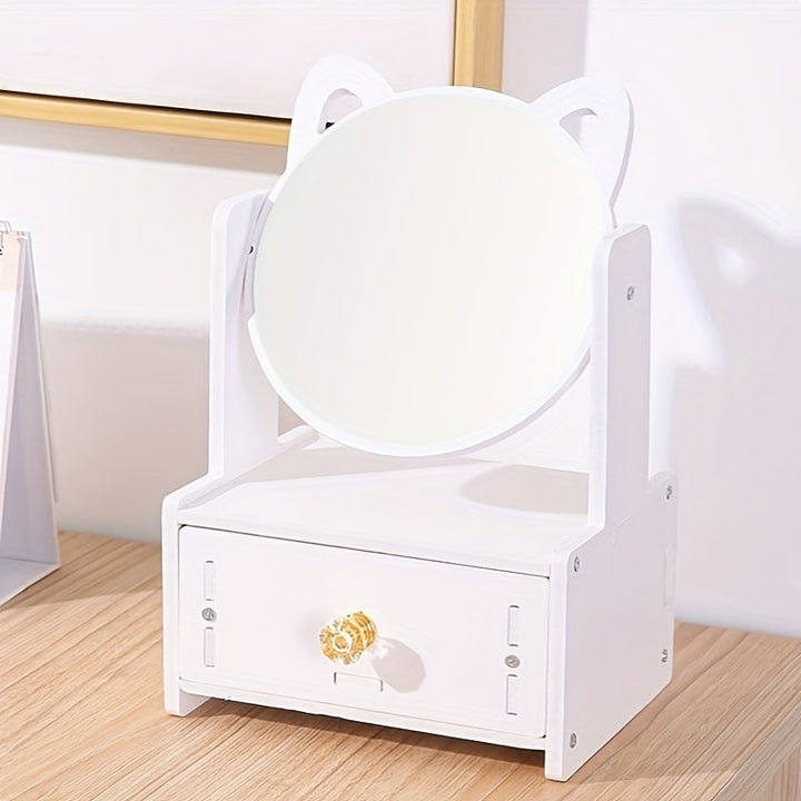 Miroa Miroir de maquillage avec tiroir & oreilles de chat | Pivotant à 360° | Sans électricité | Design moderne avec finition en huile | 26 × 16,7 × 12,7 cm