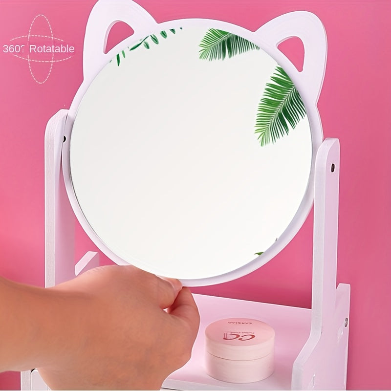 Miroa Miroir de maquillage avec tiroir & oreilles de chat | Pivotant à 360° | Sans électricité | Design moderne avec finition en huile | 26 × 16,7 × 12,7 cm