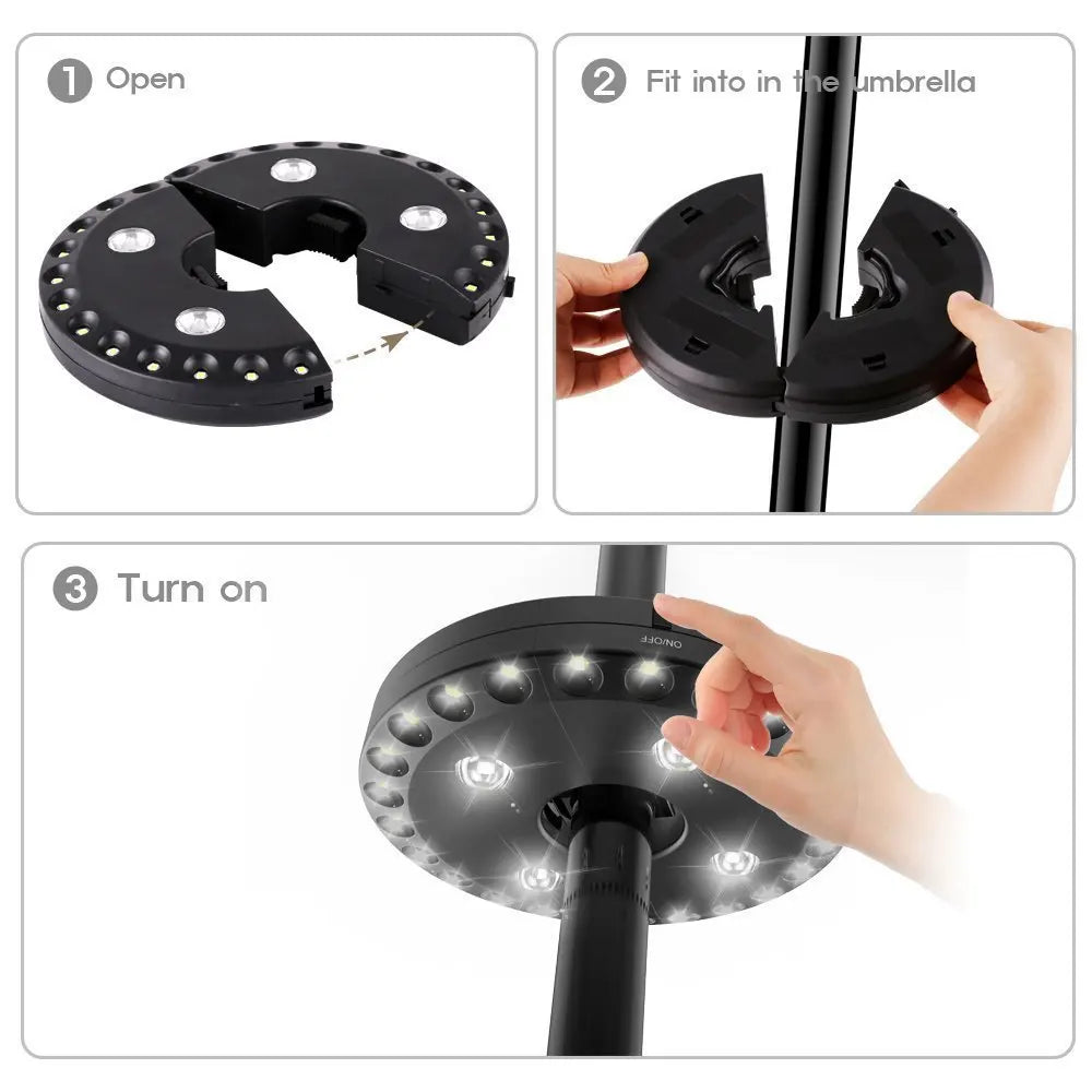 LUMIROOF Lampe de Parasol | 3 Niveaux de Luminosité | Sans Fil & Sans Outil | Pour Jardin, Balcon & Camping