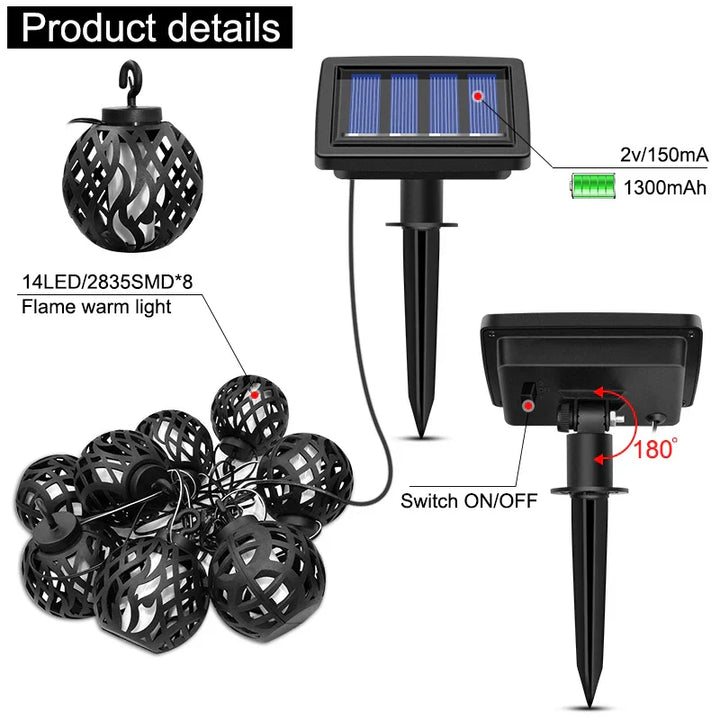 Guirlande lumineuse solaire Flamara avec effet flamme | 8 lanternes LED | Étanche IP44 | Pour jardin, terrasse et balcon
