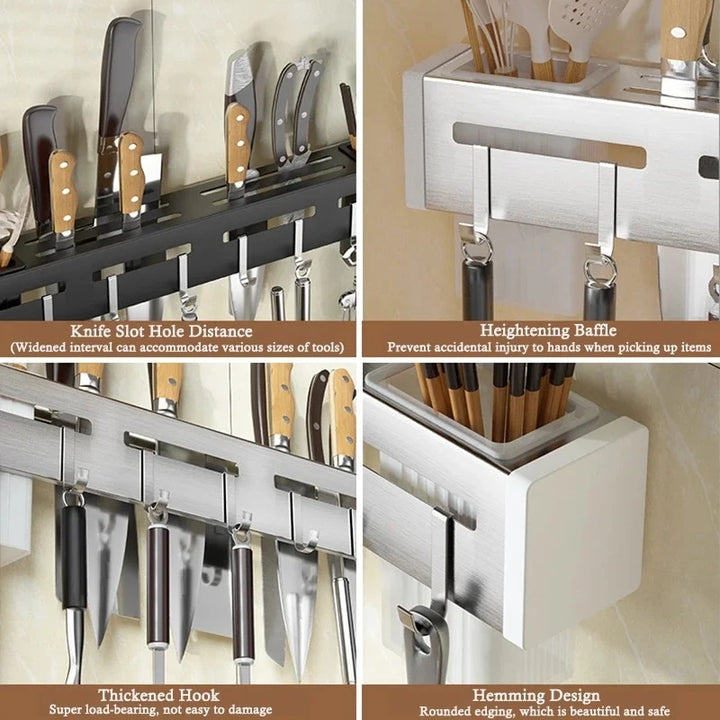 Support de couteaux mural en acier inoxydable Küchenform | Sans clous & gain de place | Avec crochets pour ustensiles de cuisine | Résistant à la rouille & moderne