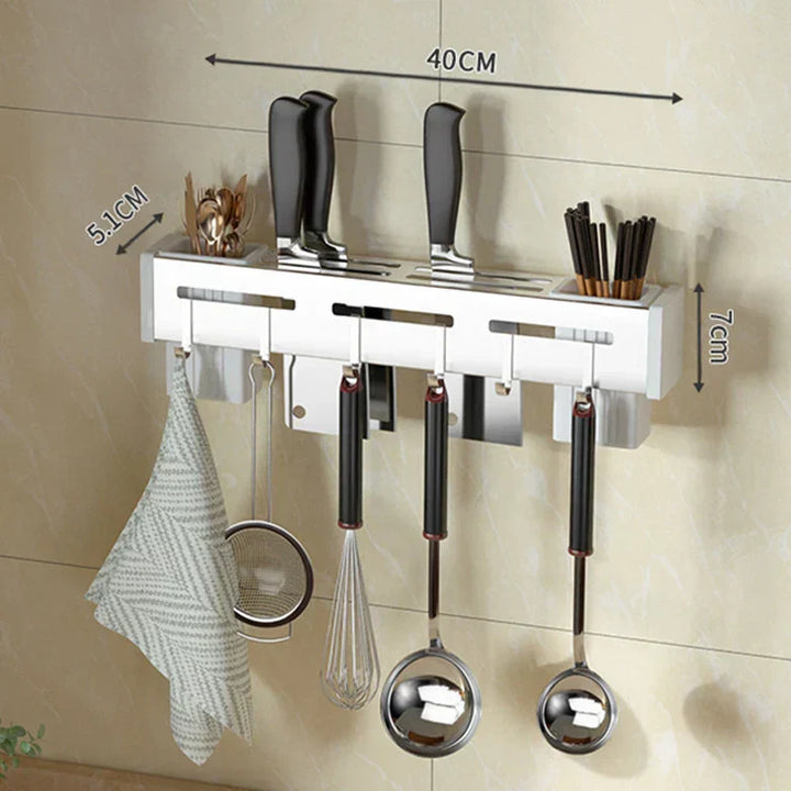 Support de couteaux mural en acier inoxydable Küchenform | Sans clous & gain de place | Avec crochets pour ustensiles de cuisine | Résistant à la rouille & moderne
