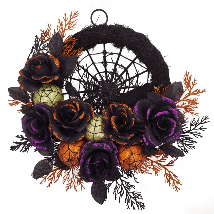 Couronne de porte Halloween Noctivora | Roses gothiques & toile d'araignée | Avec citrouilles & accents scintillants | Accrochable