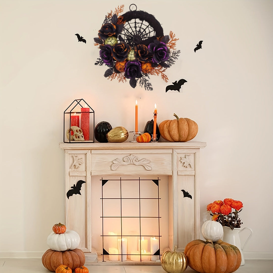 Couronne de porte Halloween Noctivora | Roses gothiques & toile d'araignée | Avec citrouilles & accents scintillants | Accrochable