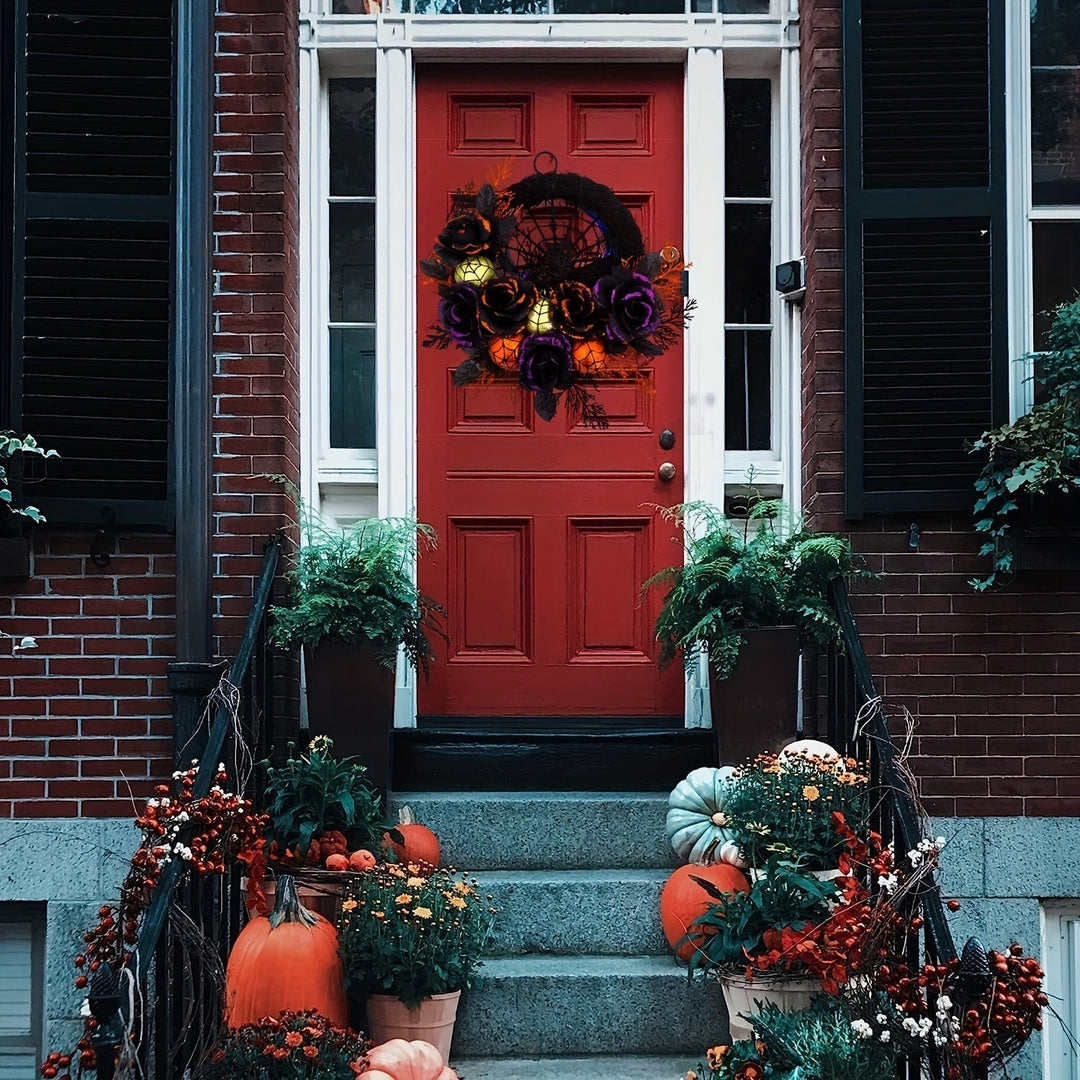 Couronne de porte Halloween Noctivora | Roses gothiques & toile d'araignée | Avec citrouilles & accents scintillants | Accrochable