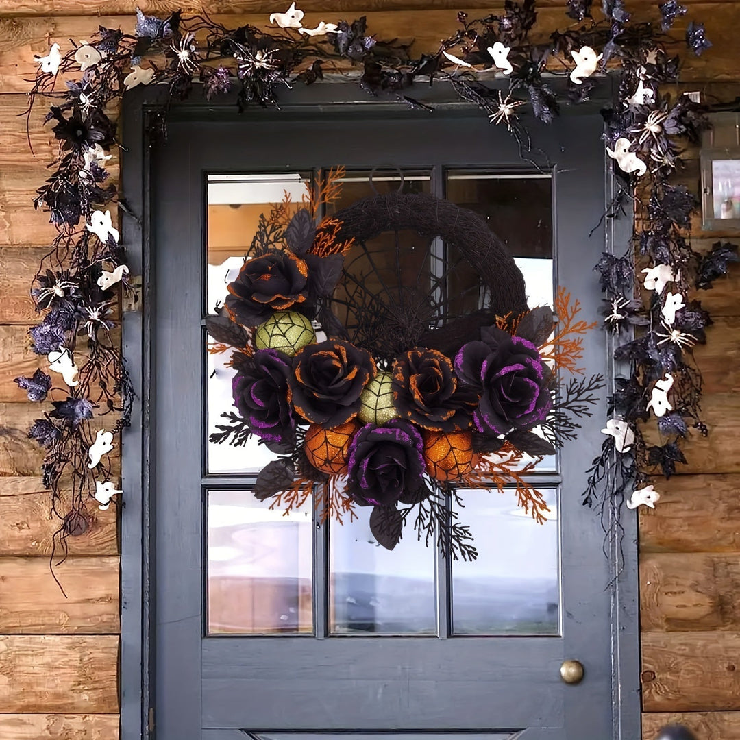 Couronne de porte Halloween Noctivora | Roses gothiques & toile d'araignée | Avec citrouilles & accents scintillants | Accrochable
