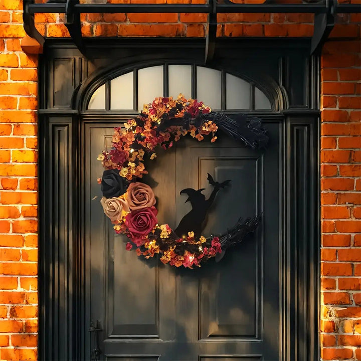 Couronne de porte Halloween | Croissant de lune avec sorcière | Fleurs d'automne rustiques | Légère & Accrochable