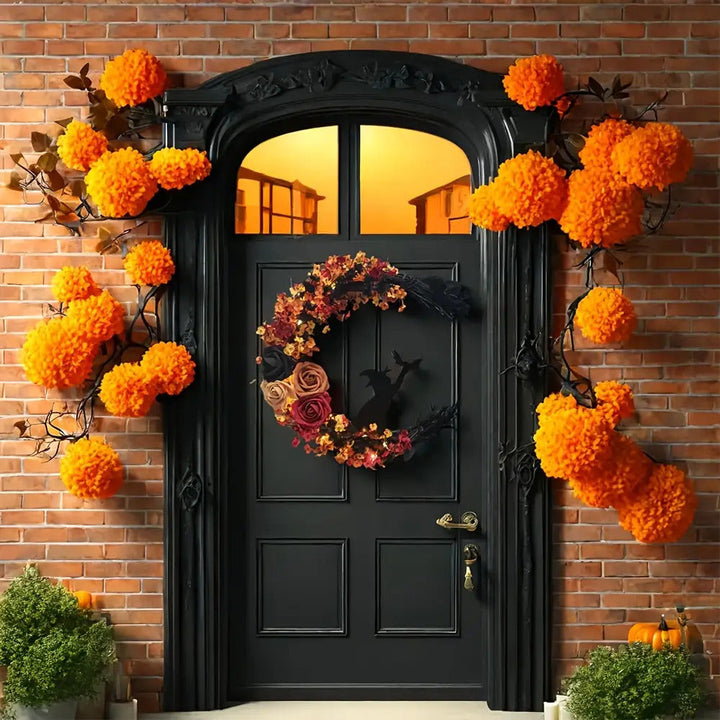 Couronne de porte Halloween | Croissant de lune avec sorcière | Fleurs d'automne rustiques | Légère & Accrochable