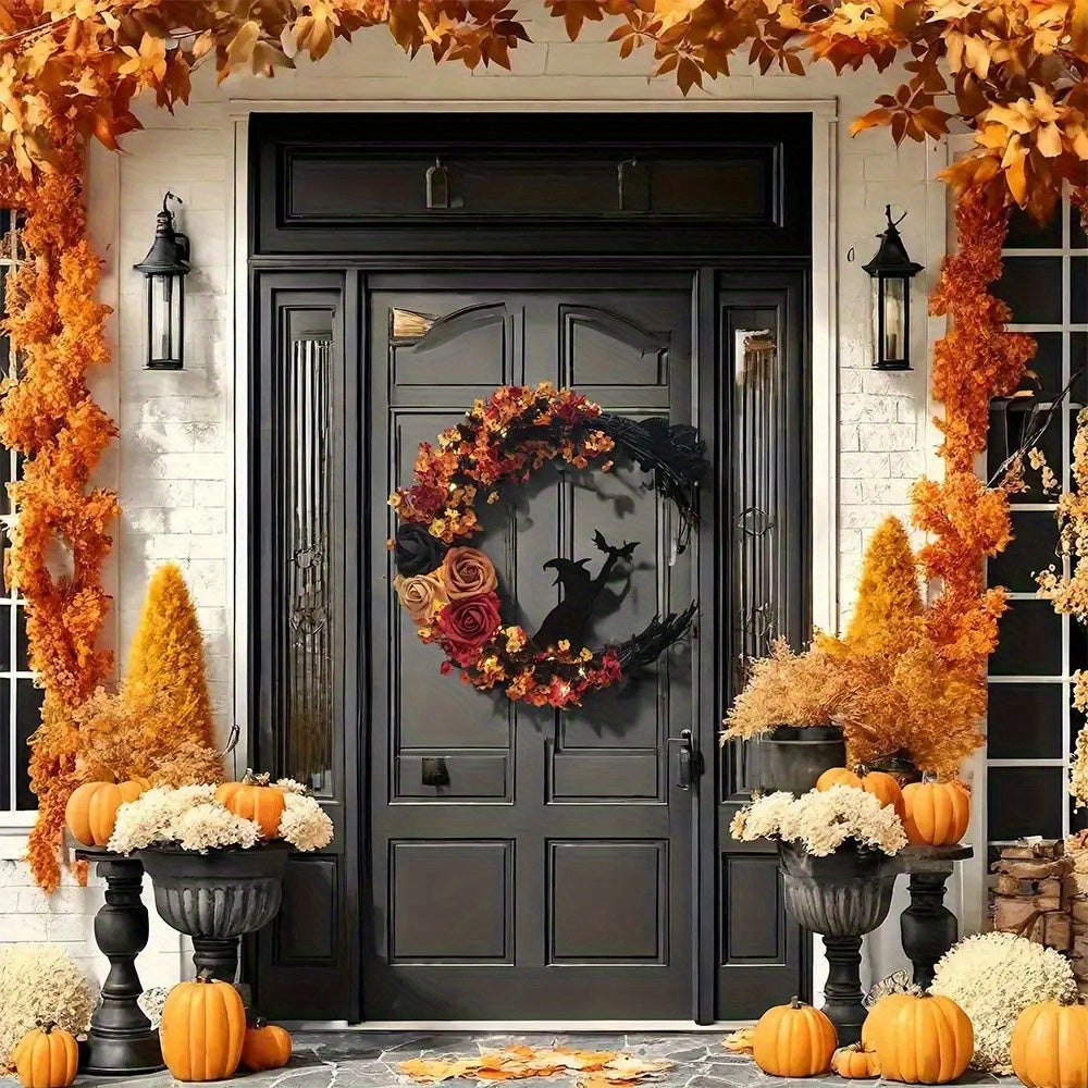 Couronne de porte Halloween | Croissant de lune avec sorcière | Fleurs d'automne rustiques | Légère & Accrochable