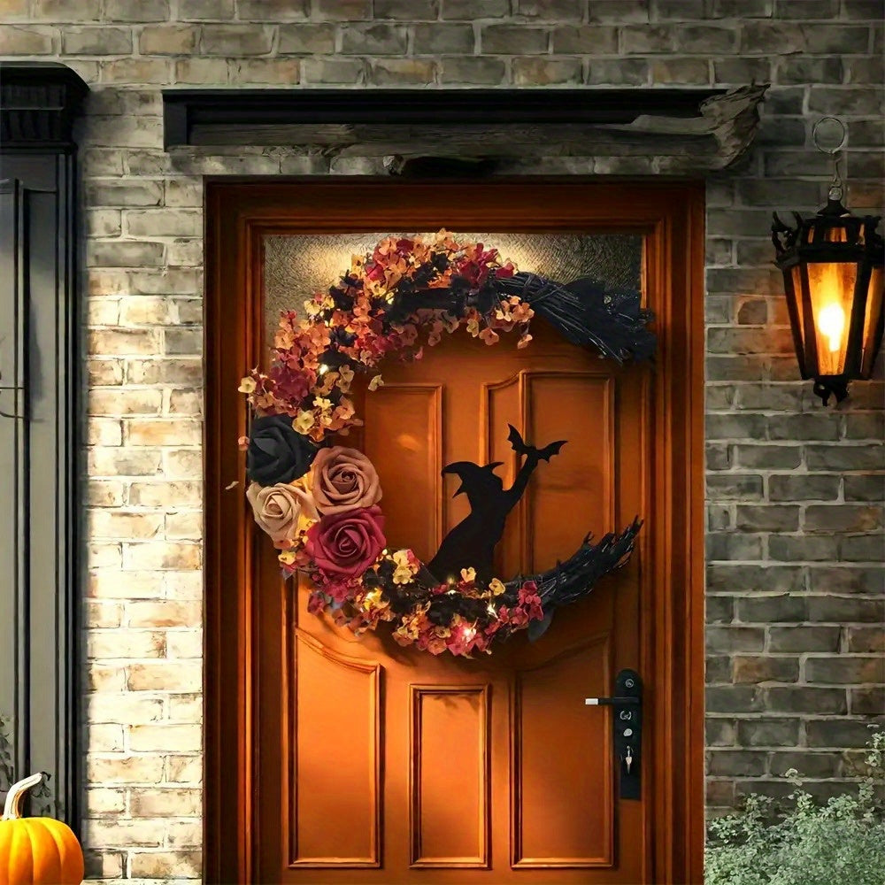 Couronne de porte Halloween | Croissant de lune avec sorcière | Fleurs d'automne rustiques | Légère & Accrochable