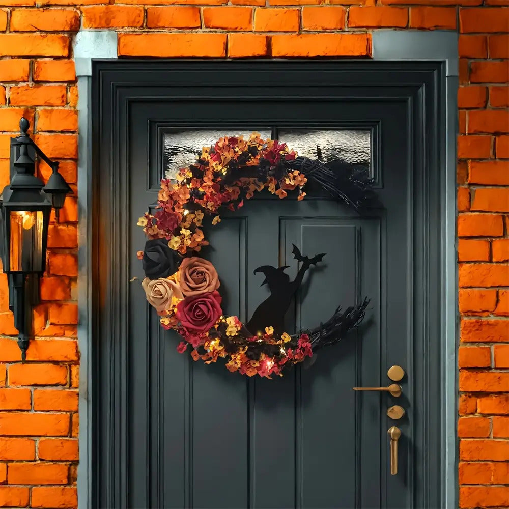 Couronne de porte Halloween | Croissant de lune avec sorcière | Fleurs d'automne rustiques | Légère & Accrochable
