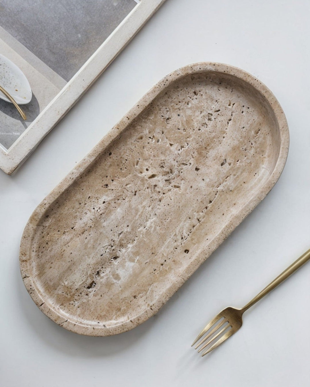 Plateau en céramique - Travertin beige - Pour parfums, bougies et bijoux