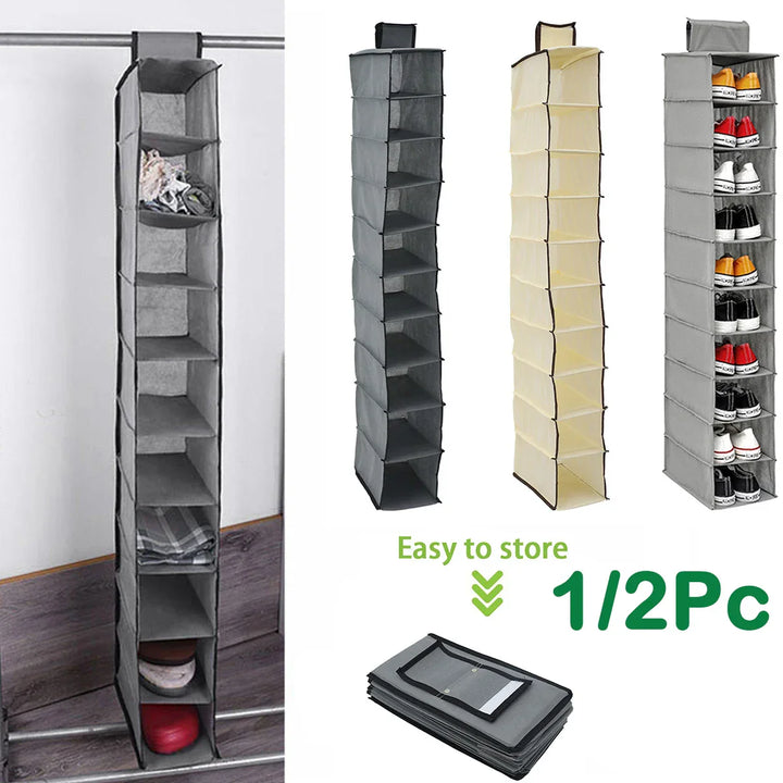 OrdoLino Organisateur de rangement suspendu 10 couches | Pliable et gain de place | Pour chaussures, vêtements et accessoires dans le placard