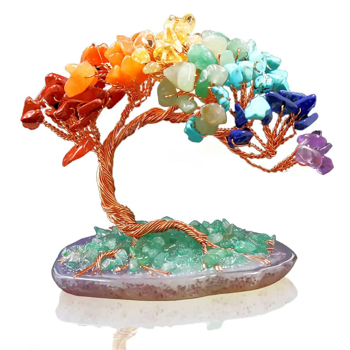 Arbre de Cristal AuroraTree | Pierres Précieuses Naturelles | Base en Agate & Fil de Cuivre | Arbre de Bonheur Feng Shui 10 cm