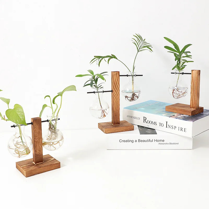 Vase en verre Naturiva Design avec cadre en bois | Pour fleurs coupées & hydroponie | Style scandinave | Ensemble de 3 pièces