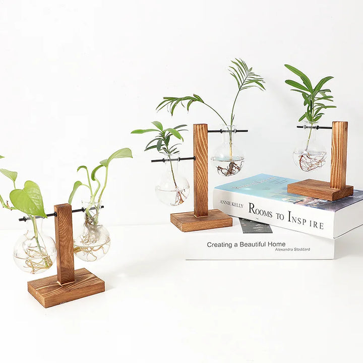 Vase en verre Naturiva Design avec cadre en bois | Pour fleurs coupées & hydroponie | Style scandinave | Ensemble de 3 pièces
