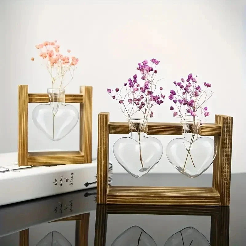 Vase Hydroponique Virella | Verre en forme de cœur dans un cadre en bois | Décoratif & Moderne | Pour boutures & plantes d'intérieur