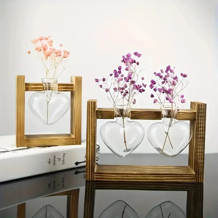 Vase Hydroponique Virella | Verre en forme de cœur dans un cadre en bois | Décoratif & Moderne | Pour boutures & plantes d'intérieur
