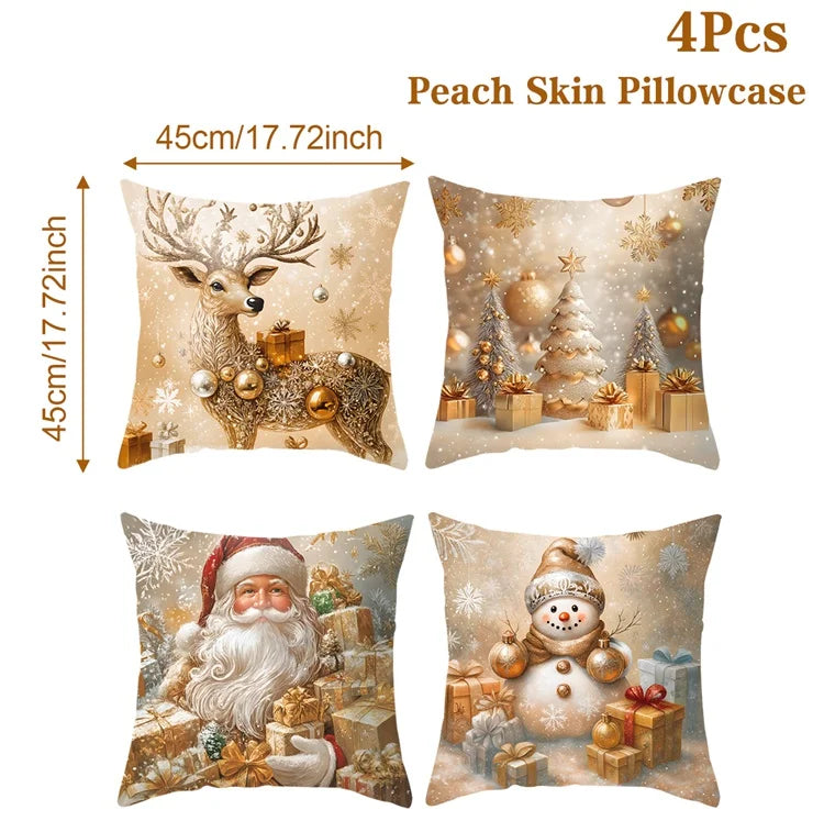 Ensemble de Housses de Coussin de Noël (4 pièces) | Décoration Festive pour la Maison | Coton Doux | 45x45 cm