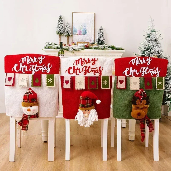 Housse de chaise de Noël MerrySeat | Design Père Noël, Bonhomme de neige & Renne | Housse de chaise en tissu | Décoration réutilisable pour Noël