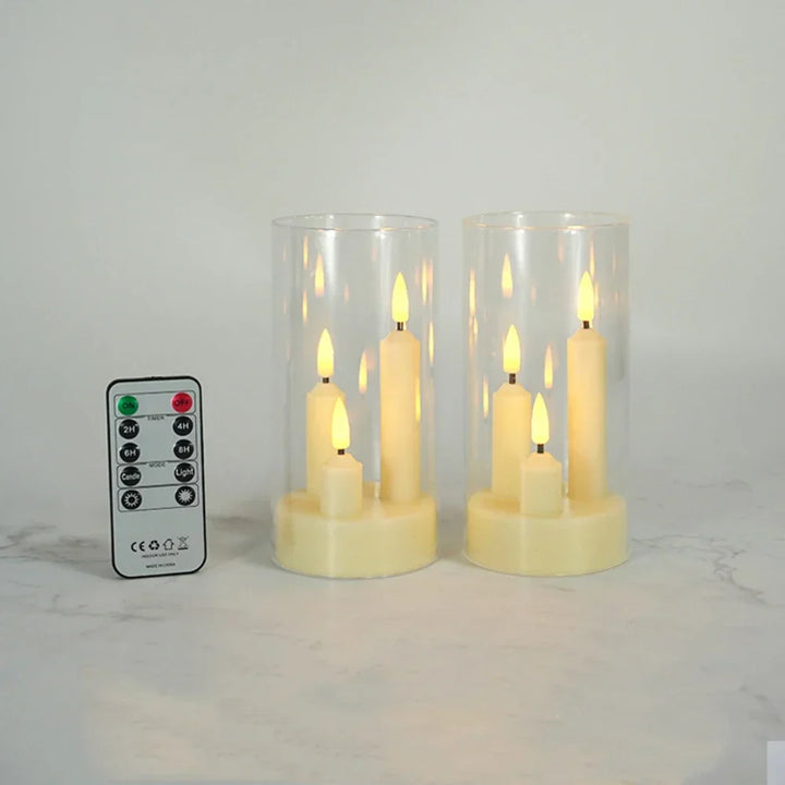 LumièreTrio Bougie LED-Stumpenkerze avec 3 mèches | 7,5 × 15 cm | Télécommande & Minuteur | Lumière chaude vacillante | Design en acrylique