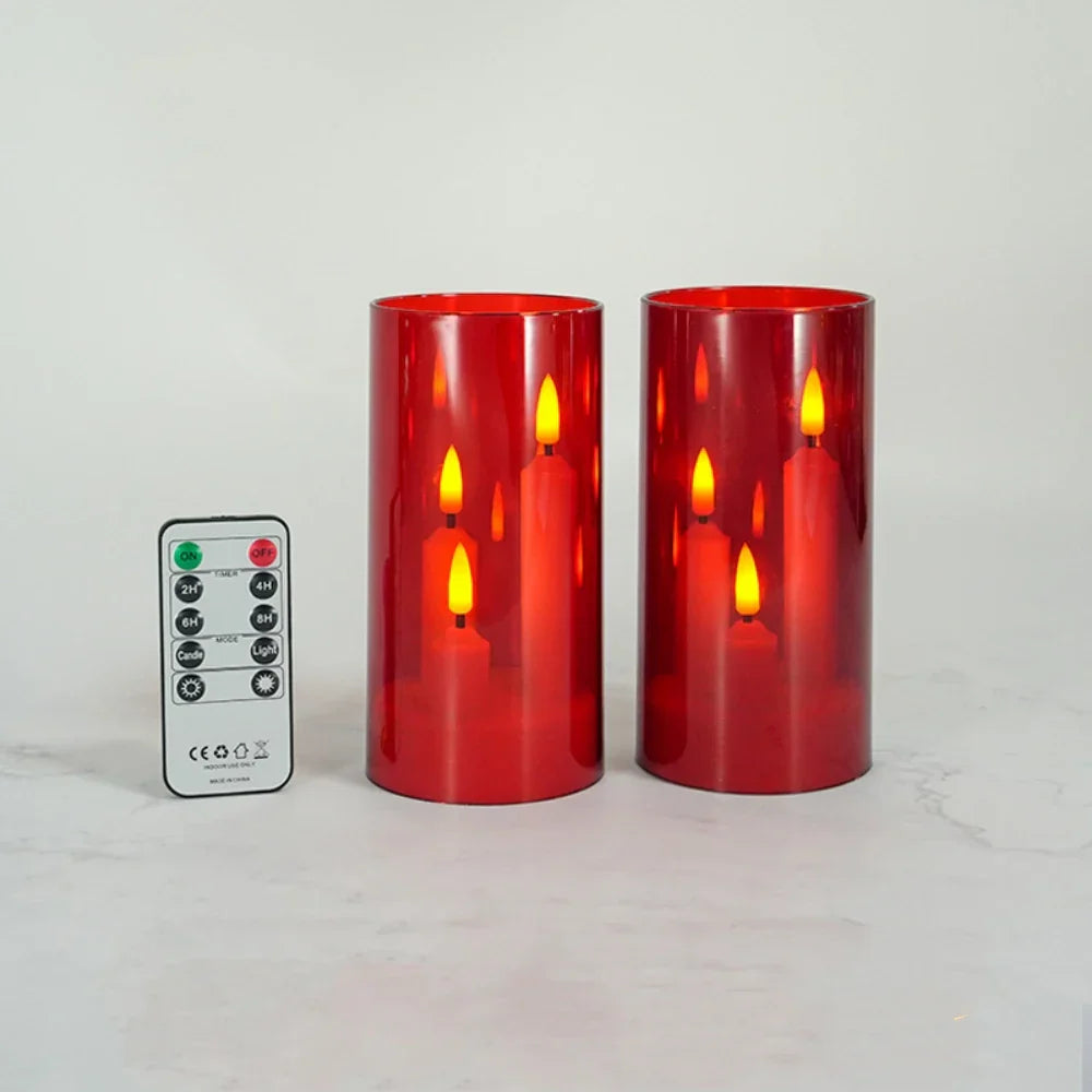 LumièreTrio Bougie LED-Stumpenkerze avec 3 mèches | 7,5 × 15 cm | Télécommande & Minuteur | Lumière chaude vacillante | Design en acrylique