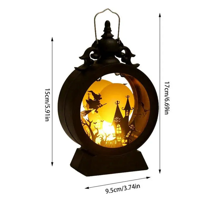 Hexenlicht | Lampe LED Halloween | Château gothique avec citrouille et sorcière | Lumière d'ambiance chaude