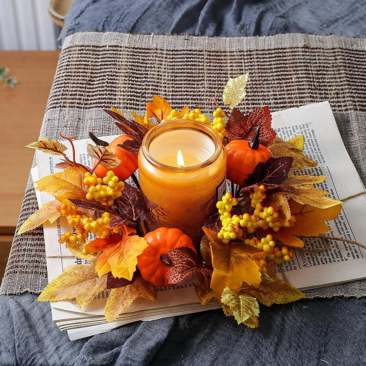 Couronne de bougies HarvestGlow | 25 cm de diamètre extérieur | Feuilles d'érable, citrouilles & baies | Décoration d'automne