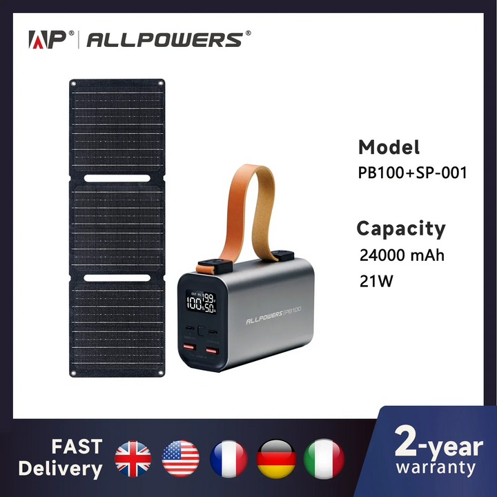 Batterie Solaire VoltForge PB100 Set | 24.000mAh | Charge Rapide 100W | Panneau Solaire Pliable 21W | Pour Ordinateur Portable, Smartphone & Activités en Plein Air