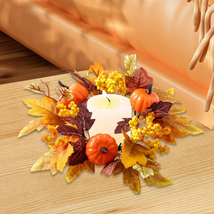 Couronne de bougies HarvestGlow | 25 cm de diamètre extérieur | Feuilles d'érable, citrouilles & baies | Décoration d'automne