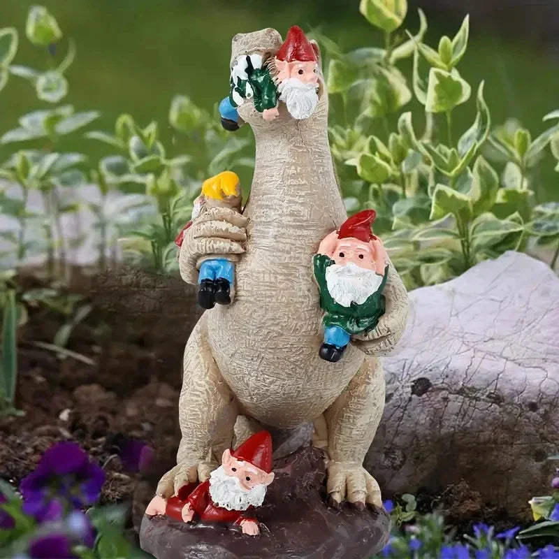 DinoCharm | Statue Dino & Nain de Jardin | Décoration de Jardin Amusante | Figurine en Résine pour Décoration Intérieure & Extérieure
