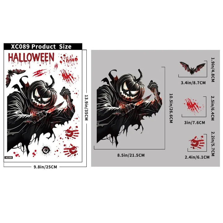 Autocollants de fenêtre HorrorPumpkins | Ensemble d'autocollants Halloween | Citrouille, crâne, empreintes de mains ensanglantées & chauves-souris | Réutilisables