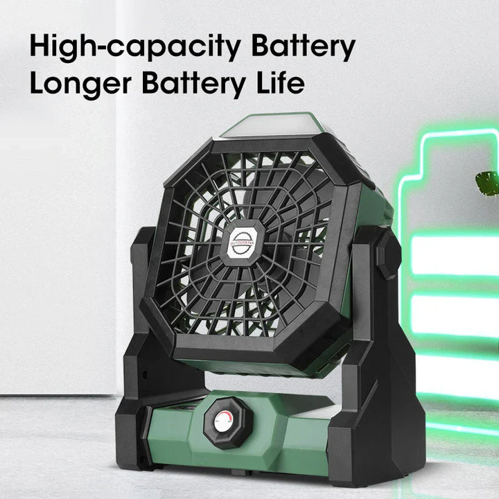 Campora BreezeLight | Ventilateur de camping 2-en-1 avec lampe LED | Batterie de 7800 mAh | Rotatif à 270° | Rechargeable par USB | Pour tente, extérieur & voyages