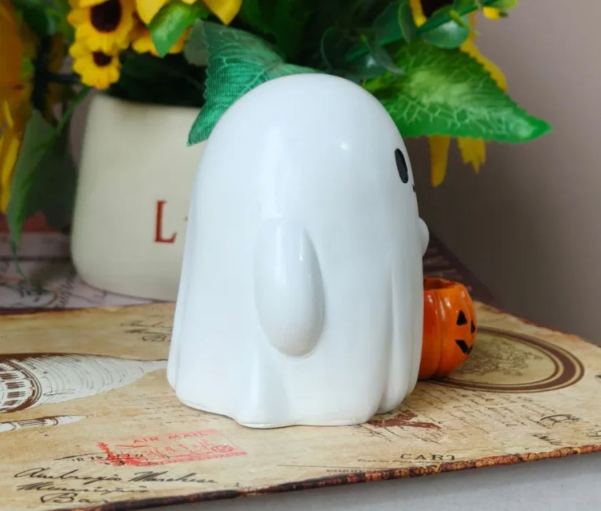 PumpkiBoo Figurine décorative | Fantôme d'Halloween avec citrouille | Ornement en résine | Convient aux bougies LED