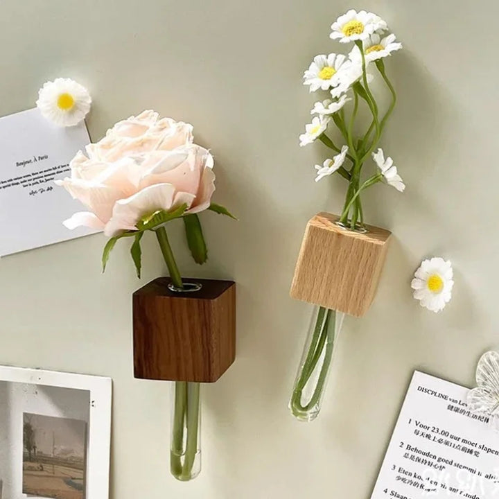 MagnaVase | Vase à tubes à essai magnétique en bois | Décoration créative pour la maison | Fait main & Stylé