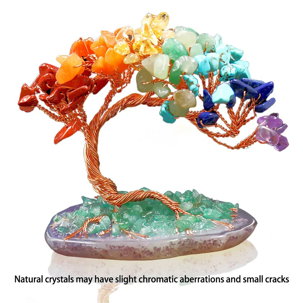 Arbre de Cristal AuroraTree | Pierres Précieuses Naturelles | Base en Agate & Fil de Cuivre | Arbre de Bonheur Feng Shui 10 cm
