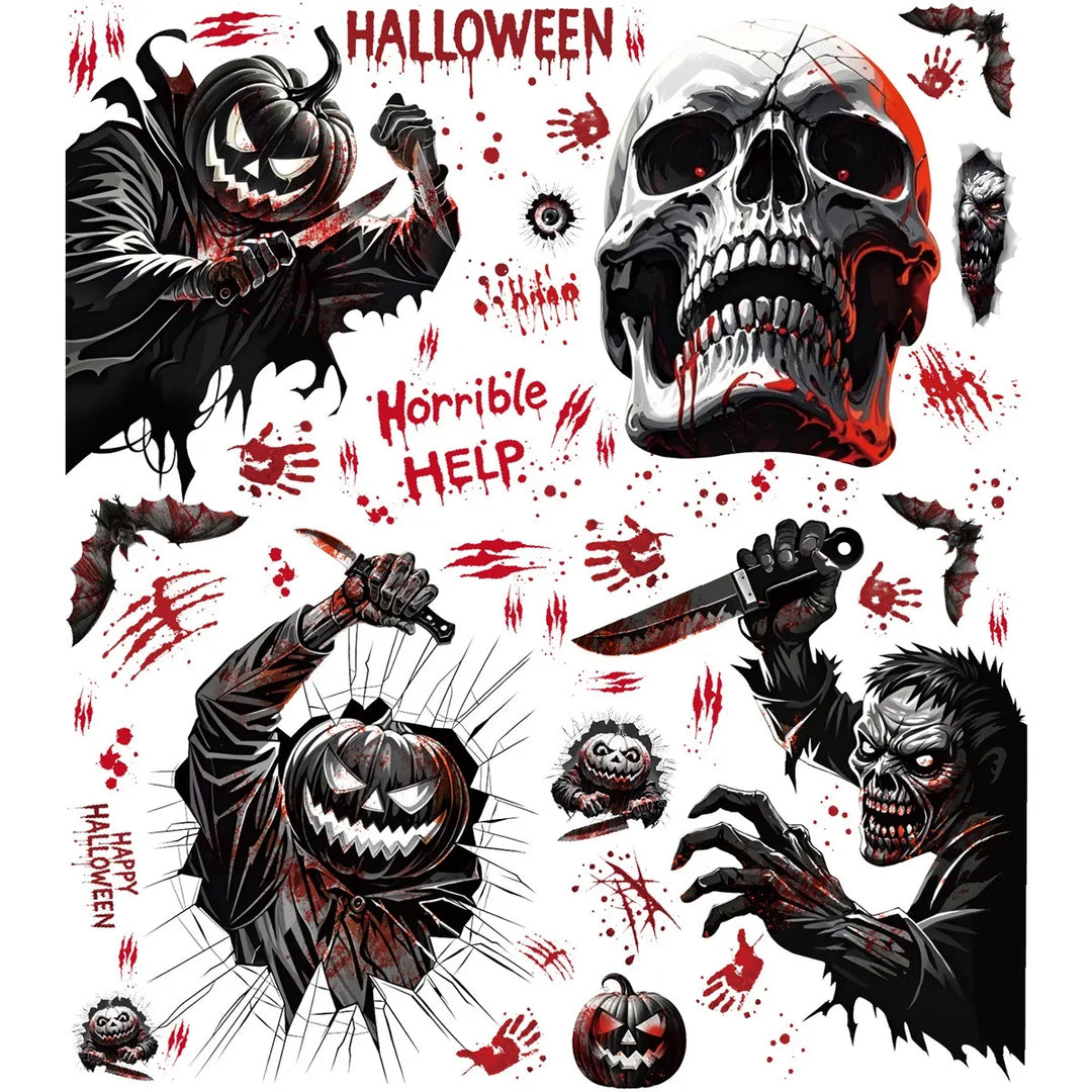 Autocollants de fenêtre HorrorPumpkins | Ensemble d'autocollants Halloween | Citrouille, crâne, empreintes de mains ensanglantées & chauves-souris | Réutilisables