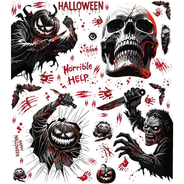 Autocollants de fenêtre HorrorPumpkins | Ensemble d'autocollants Halloween | Citrouille, crâne, empreintes de mains ensanglantées & chauves-souris | Réutilisables