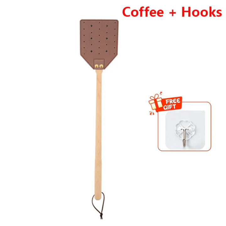 Insektra Raquette à Mouches en Cuir avec Poignée en Bois | Surface de frappe 13×10 cm | Rivets en Acier Inoxydable | Dispositif de Suspension