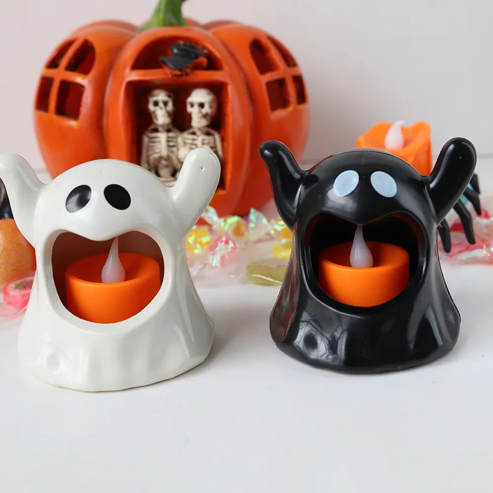 Lampe à bougie Halloween SpookyGlow | Lumière LED vacillante Blanc chaud | Fonctionne sur piles | Décoration pour maison, jardin & fête | 8×8 cm