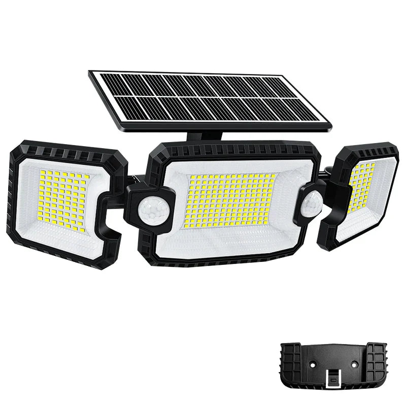 SecuSolar MaxView 167 Projecteur solaire de sécurité 167 LEDs | 3 têtes orientables | Détecteur de mouvement & 3 modes d'éclairage | Étanche IP65 | 2200 Lumens