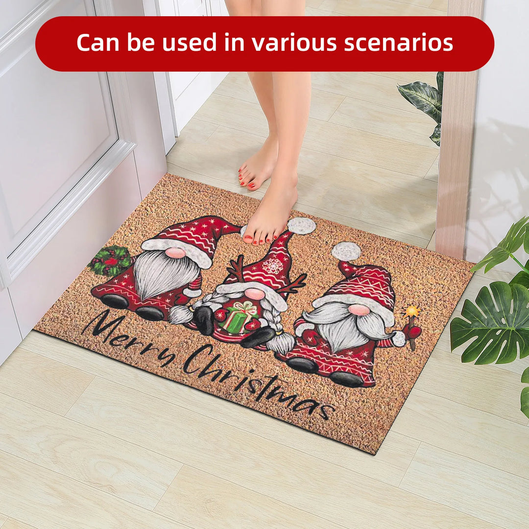 Tapis de Noël | Tapis rouge avec motif de Père Noël et nains | Antidérapant & Absorbant | Intérieur & Extérieur