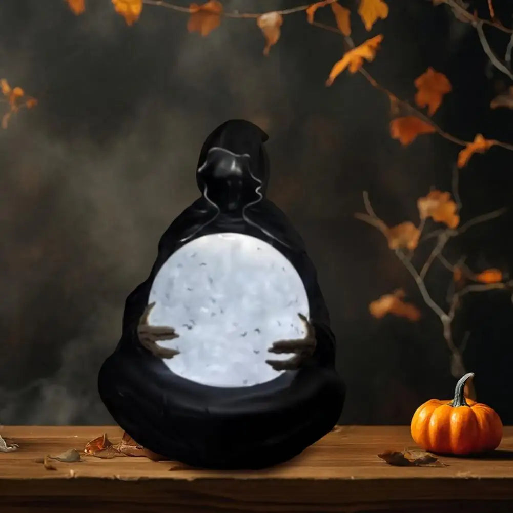 Décoration Halloween Noctora | Boule de cristal avec lumière LED | Statue de faucheuse gothique 15 cm
