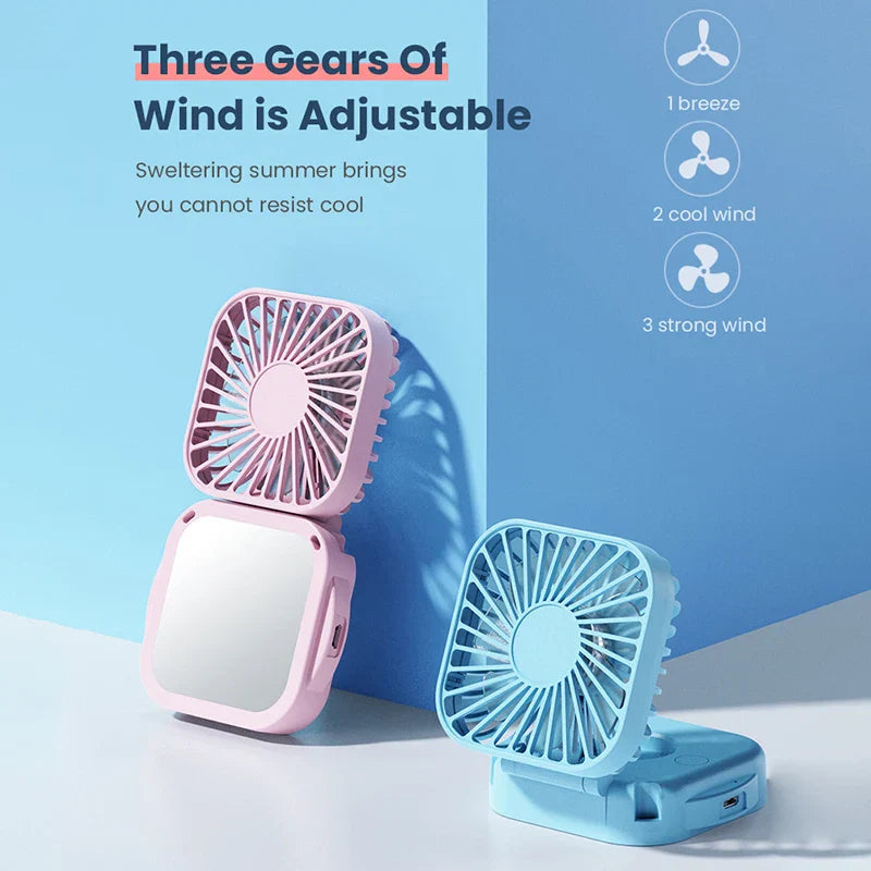 Ventilateur de cou pliable Coolique MirrorFan | Rechargeable USB | Avec miroir de maquillage | 3 vitesses | Silencieux et portable