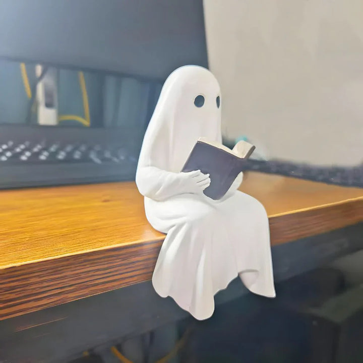 Figurine Halloween BookyGhost | Petit esprit lecteur | Figurine déco en résine | 12 x 7 x 6 cm