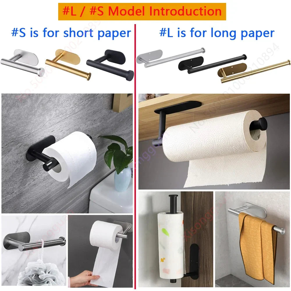 Metallo Porte-papier | Porte-papier de cuisine et de toilette | Acier inoxydable | Sans perçage ni vis | Argent/Noir/Or
